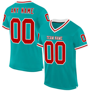 Custom Aqua Red-White Mesh Authentic Throwback Football Jersey