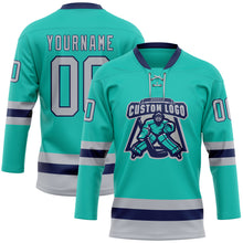 Load image into Gallery viewer, Custom Aqua Gray-Navy Hockey Lace Neck Jersey
