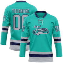 Load image into Gallery viewer, Custom Aqua Gray-Navy Hockey Lace Neck Jersey
