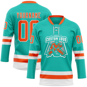 Custom Aqua Orange-White Hockey Lace Neck Jersey