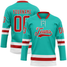 Load image into Gallery viewer, Custom Aqua Red-White Hockey Lace Neck Jersey
