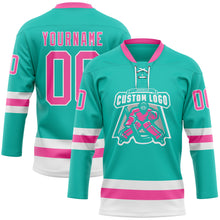 Load image into Gallery viewer, Custom Aqua Pink-White Hockey Lace Neck Jersey
