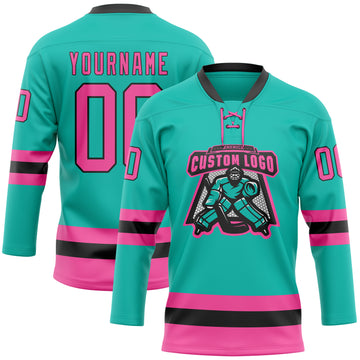 Custom Aqua Pink-Black Hockey Lace Neck Jersey