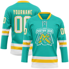 Load image into Gallery viewer, Custom Aqua White-Yellow Hockey Lace Neck Jersey
