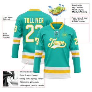 Custom Aqua White-Yellow Hockey Lace Neck Jersey