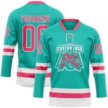 Load image into Gallery viewer, Custom Aqua Neon Pink-White Hockey Lace Neck Jersey
