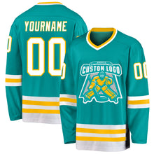 Load image into Gallery viewer, Custom Aqua White-Gold Hockey Jersey
