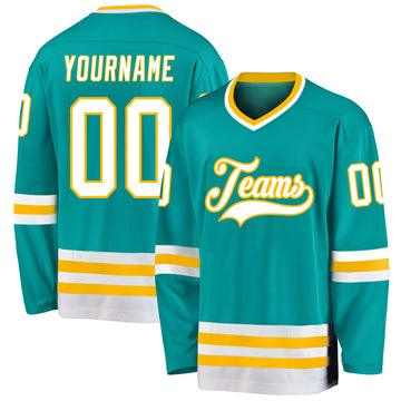 Custom Aqua White-Gold Hockey Jersey