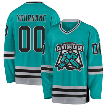 Custom Aqua Black-Gray Hockey Jersey