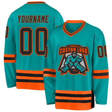 Custom Aqua Black-Orange Hockey Jersey