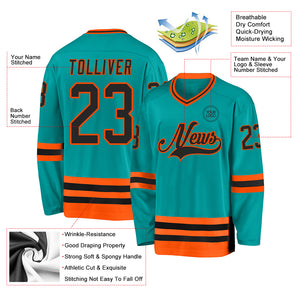 Custom Aqua Black-Orange Hockey Jersey