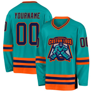 Custom Aqua Navy-Orange Hockey Jersey