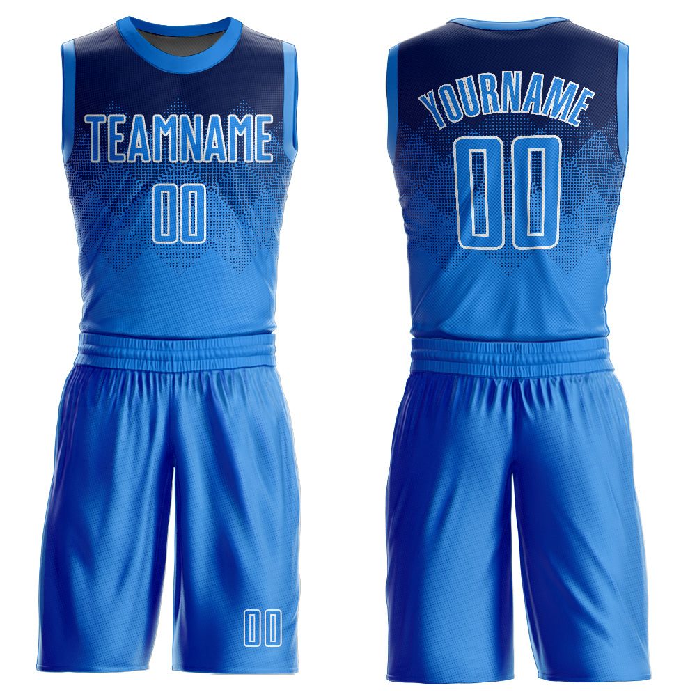 Custom Navy Powder Blue-White Round Neck Sublimation Basketball Suit Jersey