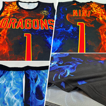 Custom Figure Red-Gold Flame Round Neck Sublimation Basketball Suit Jersey