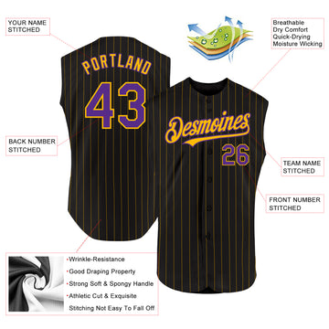 Custom Black Gold Pinstripe Purple Authentic Sleeveless Baseball Jersey