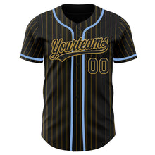 Load image into Gallery viewer, Custom Black Old Gold Pinstripe Light Blue Authentic Baseball Jersey
