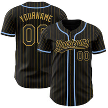 Load image into Gallery viewer, Custom Black Old Gold Pinstripe Light Blue Authentic Baseball Jersey
