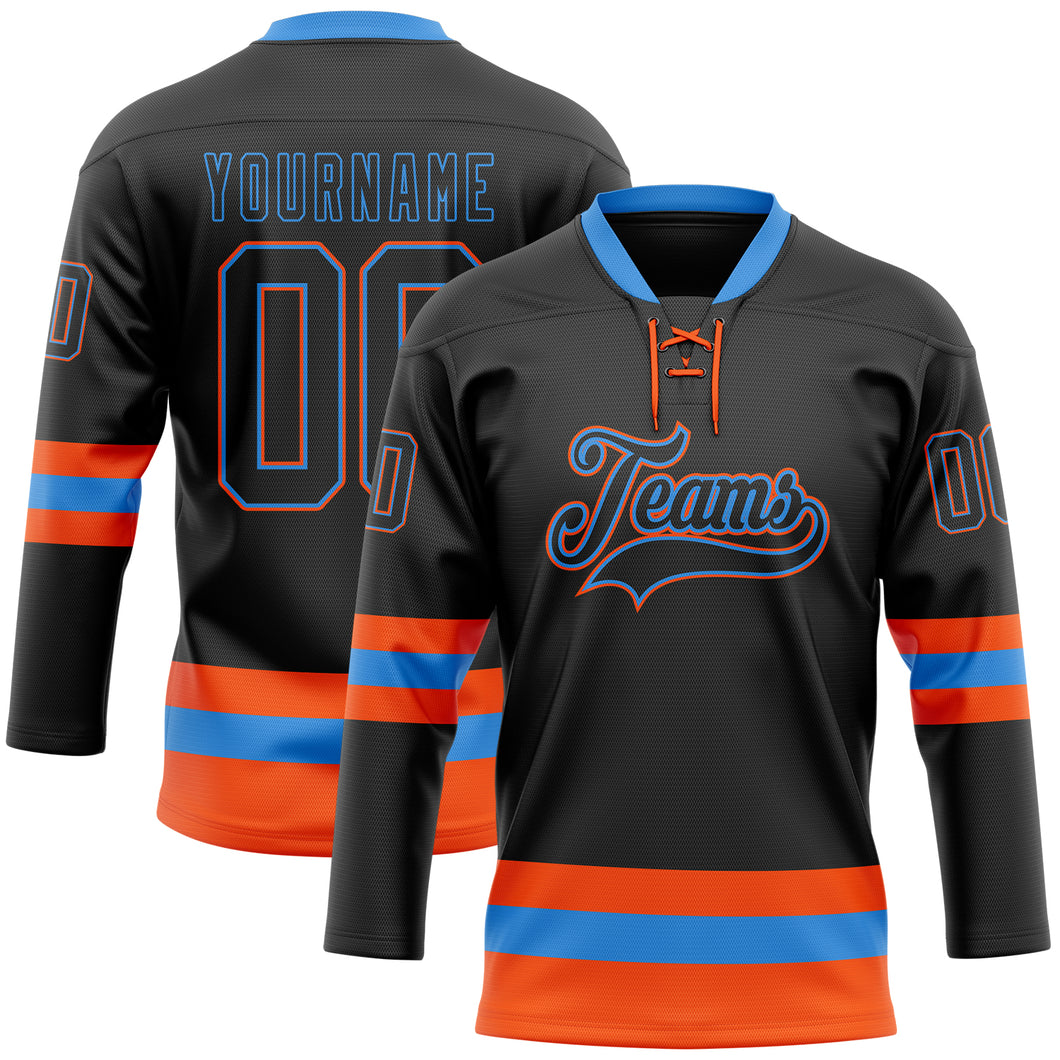 Custom Black Powder Blue-Orange Hockey Lace Neck Jersey