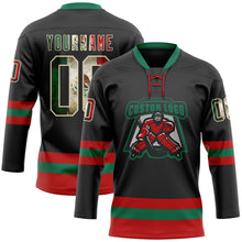 Load image into Gallery viewer, Custom Black Vintage Mexican Flag Cream Red-Kelly Green Hockey Lace Neck Jersey
