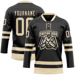 Custom Black Cream Hockey Lace Neck Jersey