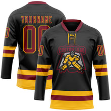 Load image into Gallery viewer, Custom Black Crimson-Gold Hockey Lace Neck Jersey
