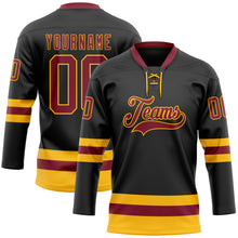 Load image into Gallery viewer, Custom Black Crimson-Gold Hockey Lace Neck Jersey
