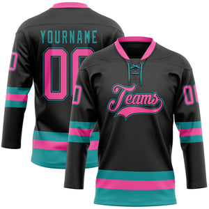 Custom Black Pink-Teal Hockey Lace Neck Jersey