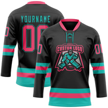 Load image into Gallery viewer, Custom Black Neon Pink-Aqua Hockey Lace Neck Jersey
