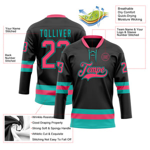 Custom Black Neon Pink-Aqua Hockey Lace Neck Jersey