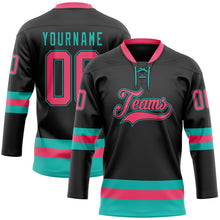 Load image into Gallery viewer, Custom Black Neon Pink-Aqua Hockey Lace Neck Jersey
