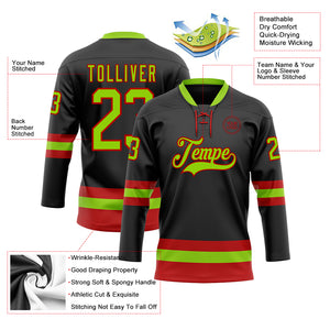 Custom Black Neon Green-Red Hockey Lace Neck Jersey