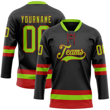 Load image into Gallery viewer, Custom Black Neon Green-Red Hockey Lace Neck Jersey
