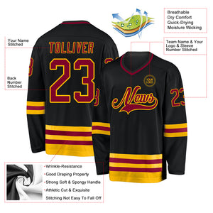 Custom Black Maroon-Gold Hockey Jersey