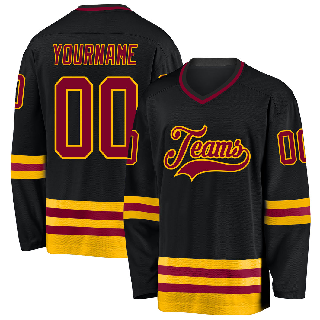 Custom Black Maroon-Gold Hockey Jersey