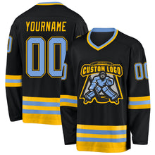 Load image into Gallery viewer, Custom Black Light Blue-Gold Hockey Jersey
