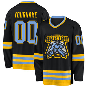 Custom Black Light Blue-Gold Hockey Jersey