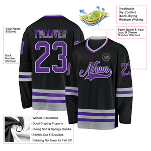 Custom Black Purple-Gray Hockey Jersey