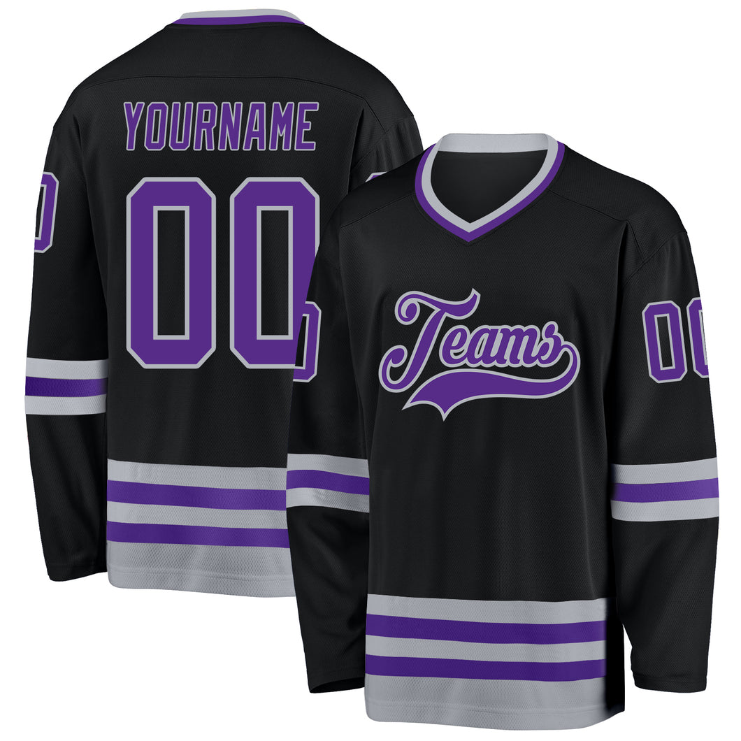 Custom Black Purple-Gray Hockey Jersey