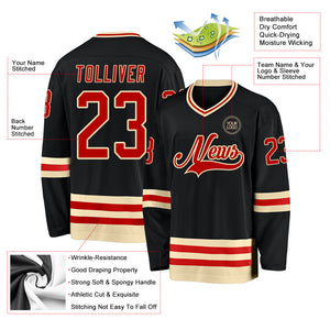 Custom Black Red-Cream Hockey Jersey