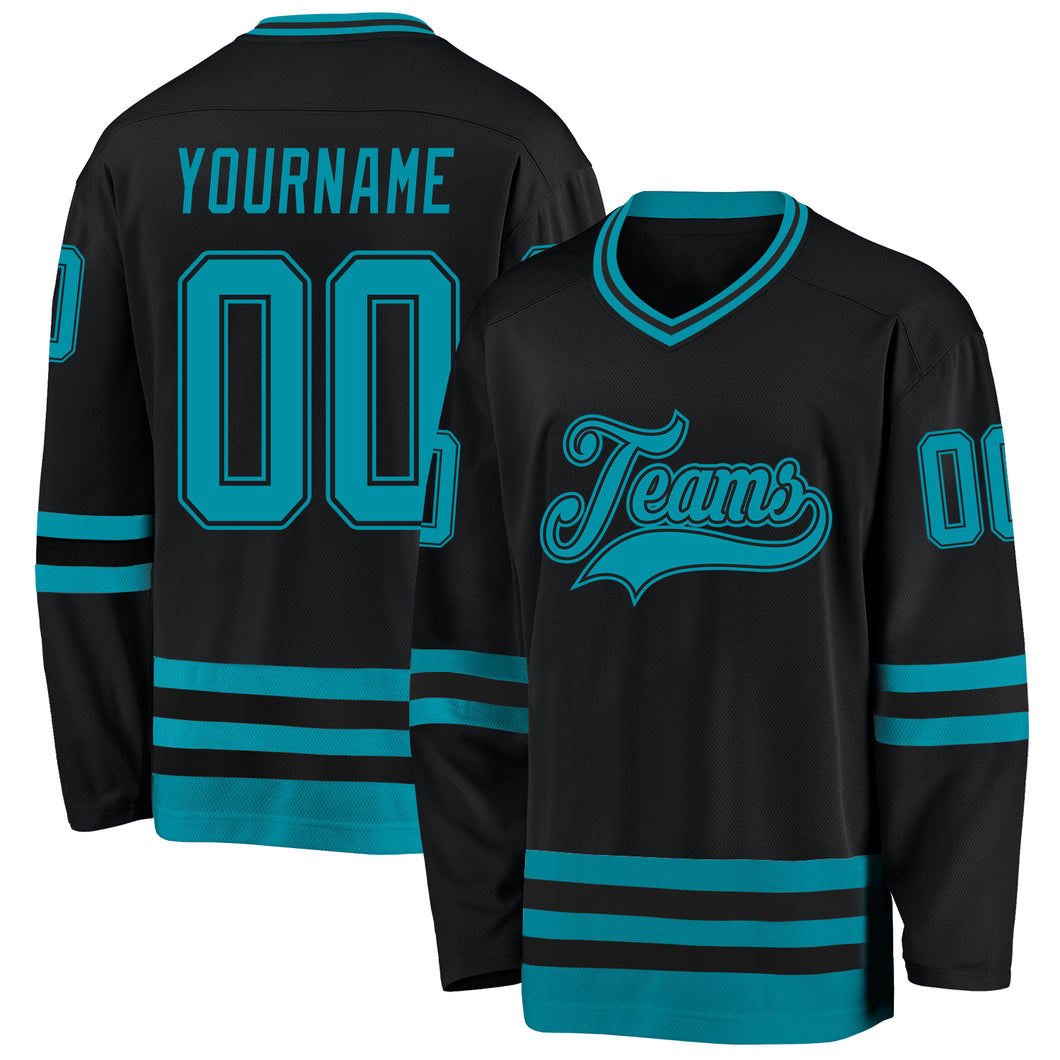 Custom Black Teal Hockey Jersey