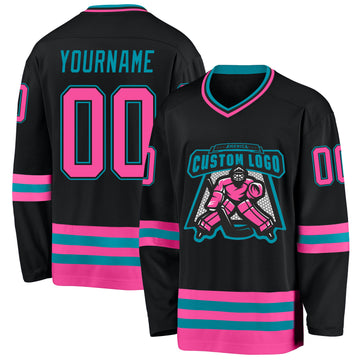 Custom Black Pink-Teal Hockey Jersey