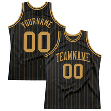 Load image into Gallery viewer, Custom Black Old Gold Pinstripe Old Gold Authentic Throwback Basketball Jersey
