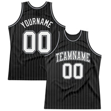 Load image into Gallery viewer, Custom Black Gray Pinstripe White Authentic Throwback Basketball Jersey
