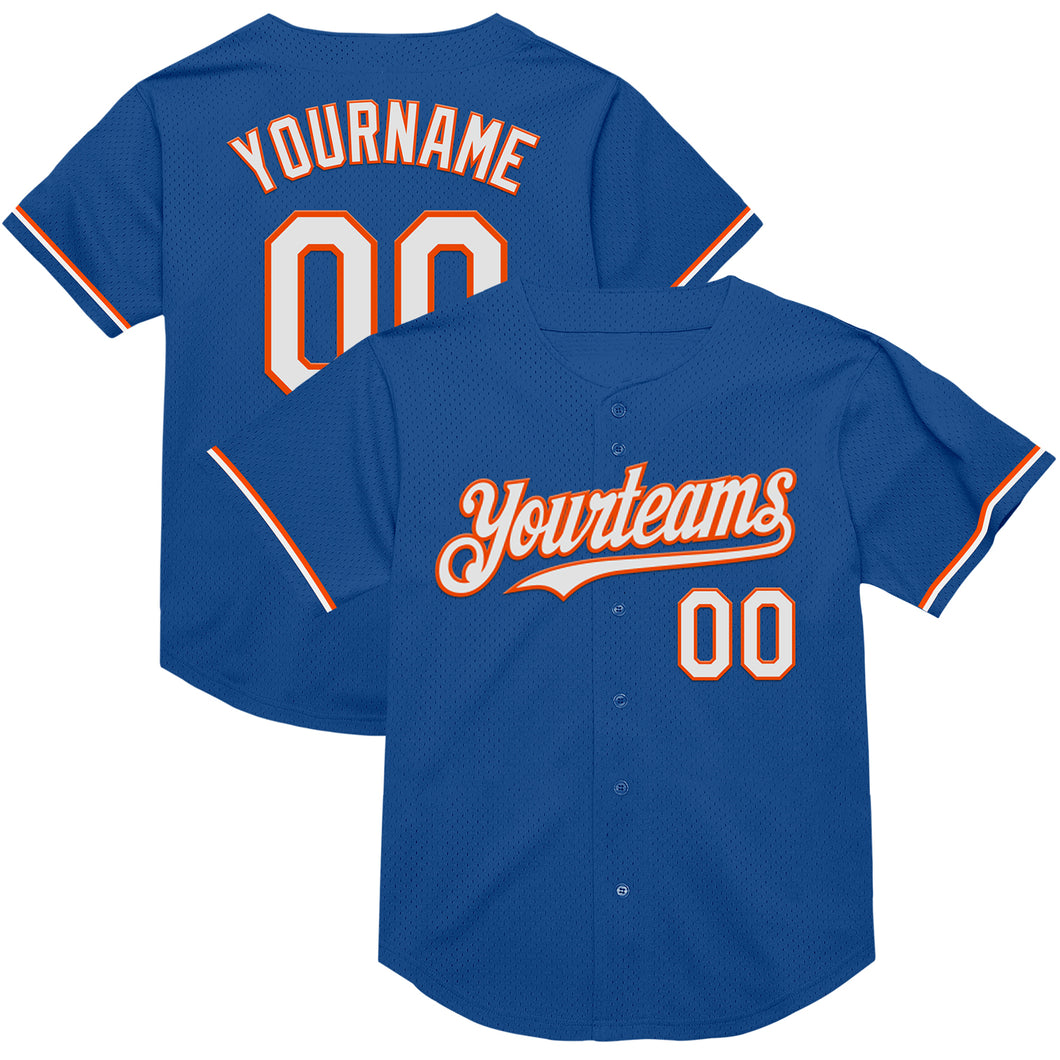 Custom Blue White-Orange Mesh Authentic Throwback Baseball Jersey