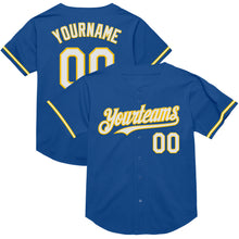 Load image into Gallery viewer, Custom Blue White-Yellow Mesh Authentic Throwback Baseball Jersey
