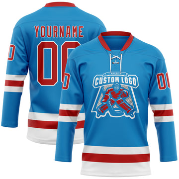 Custom Blue Red-White Hockey Lace Neck Jersey