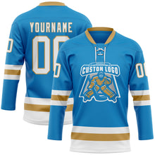 Load image into Gallery viewer, Custom Blue White-Old Gold Hockey Lace Neck Jersey
