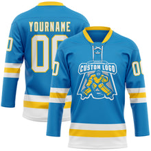 Load image into Gallery viewer, Custom Blue White-Yellow Hockey Lace Neck Jersey
