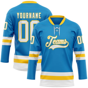 Custom Blue White-Yellow Hockey Lace Neck Jersey