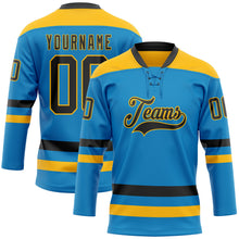 Load image into Gallery viewer, Custom Blue Black-Gold Hockey Lace Neck Jersey
